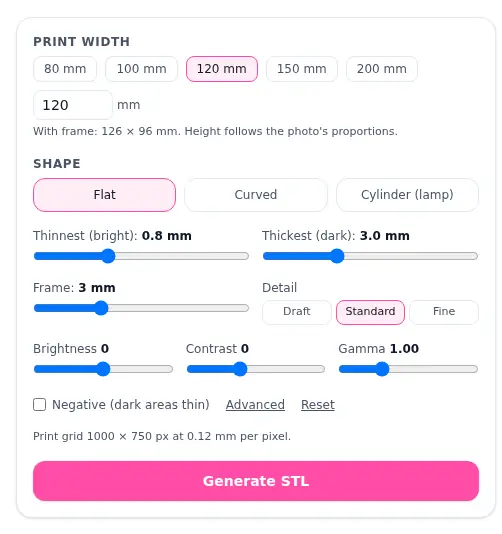 Lithophane maker settings: print width 120 mm, flat shape, thinnest 0.8 mm, thickest 3.0 mm, 3 mm frame, Standard detail, and brightness, contrast and gamma sliders.