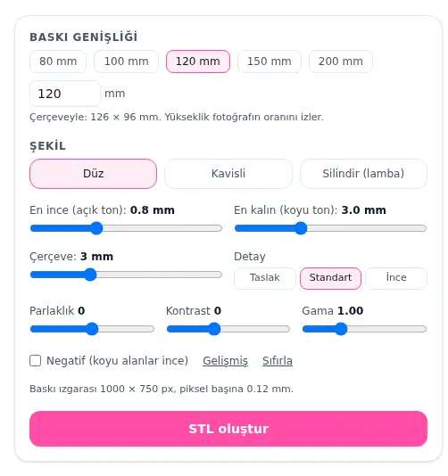 Litofan aracının ayarları: 120 mm baskı genişliği, düz şekil, en ince 0,8 mm, en kalın 3,0 mm, 3 mm çerçeve, Standart detay ve parlaklık, kontrast, gama sürgüleri.