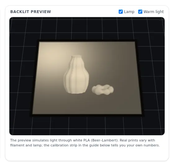 The lithophane maker's backlit 3D preview: a vase and a ring shown in warm light through a framed white plate on a dark grid.