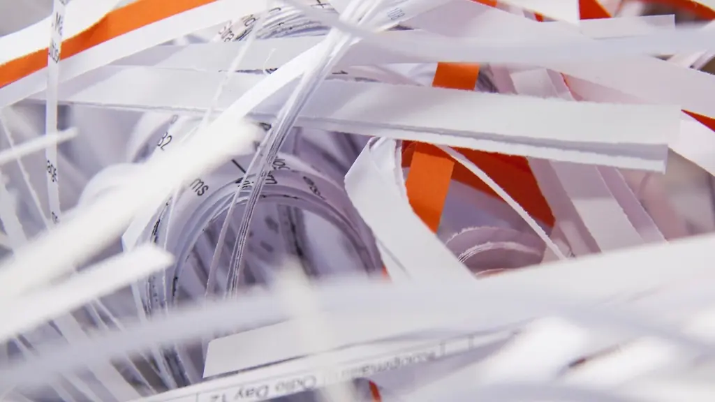 A close-up of shredded paper strips, with fragments of printed words and numbers still readable on them.