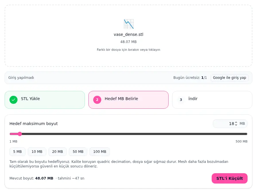 Omnvert STL küçültme aracı: 48,07 MB'lık vazo dosyası yüklü, hedef boyut 18 MB'a ayarlı; altında 5, 10, 20, 50 ve 100 MB ön ayar düğmeleri.