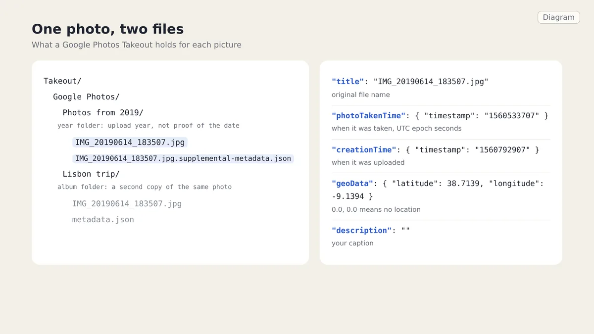 Diagram of a Google Photos Takeout: a folder tree with a photo and its supplemental-metadata.json, an album copy, and the JSON fields that hold the date, location and caption.