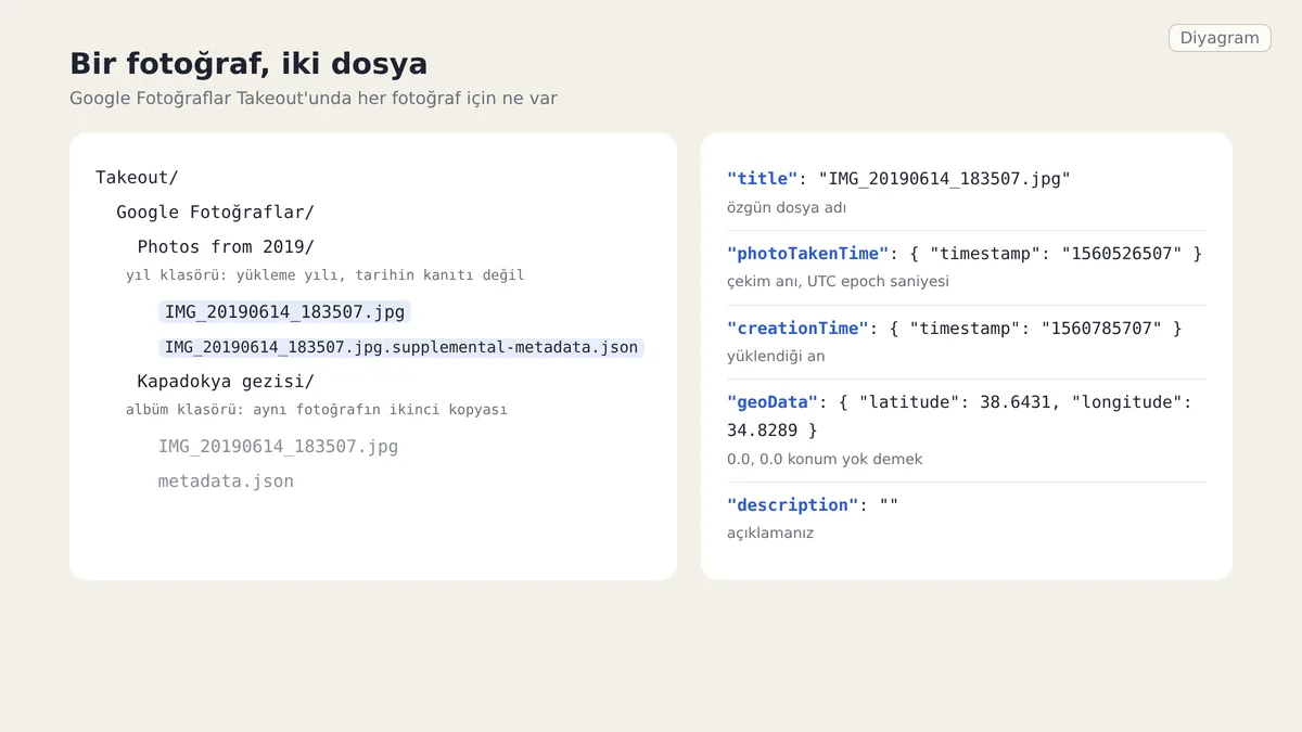 Google Fotoğraflar Takeout'unu anlatan diyagram: bir fotoğraf ve supplemental-metadata.json dosyası, bir albüm kopyası ve tarih, konum, açıklama taşıyan JSON alanları.