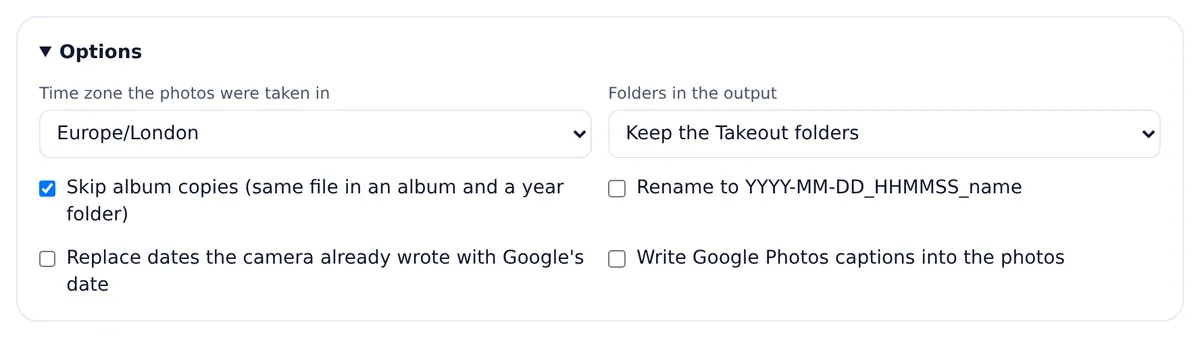 The options panel: time zone menu, folder layout menu (keep the Takeout folders), and checkboxes for skipping album copies, renaming by date, replacing camera dates and writing captions.
