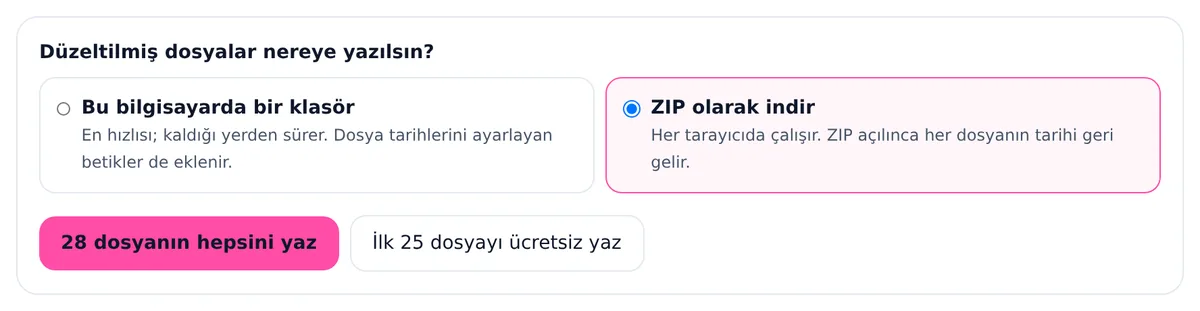 Çıktı seçimi: kaldığı yerden süren ve dosya tarihlerini ayarlayan betikleri içeren Bu bilgisayarda bir klasör ya da her tarayıcıda çalışan ZIP olarak indir.