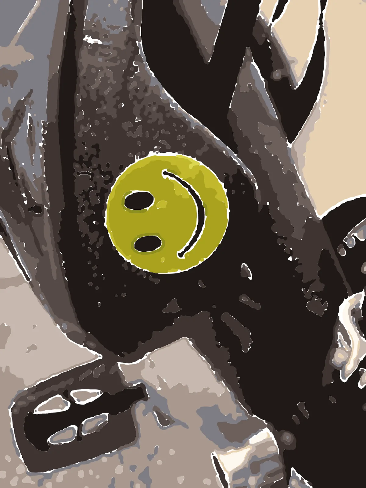 Layered cut file traced from a photo of a yellow smiley sticker on a bicycle, the photo reduced to a handful of flat colour layers.